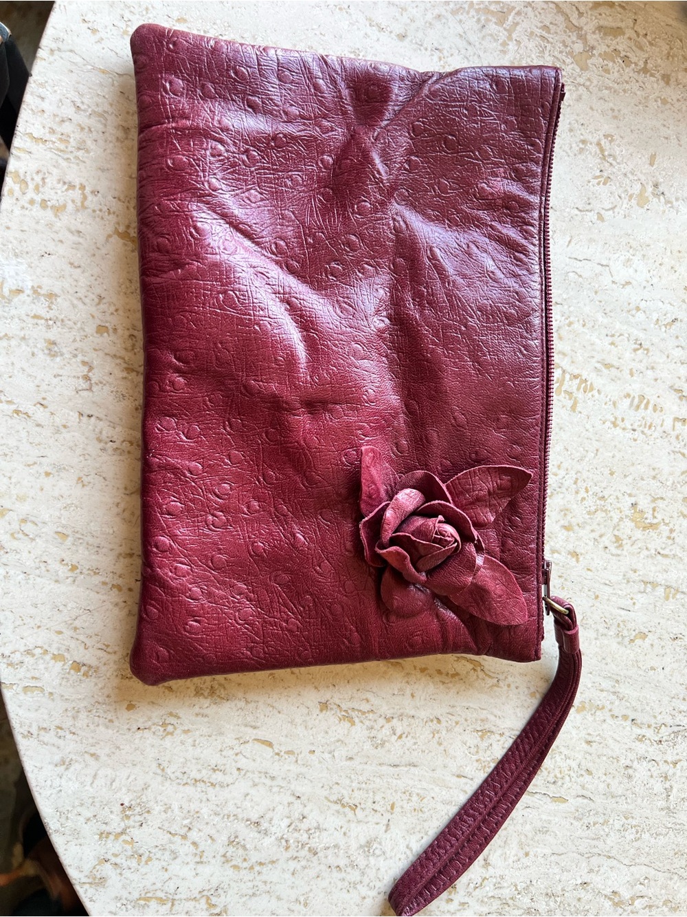 Luxury Designer Ruth Saltz Ostrich LeatherWomens Floral Accent Clutch - Burgundy